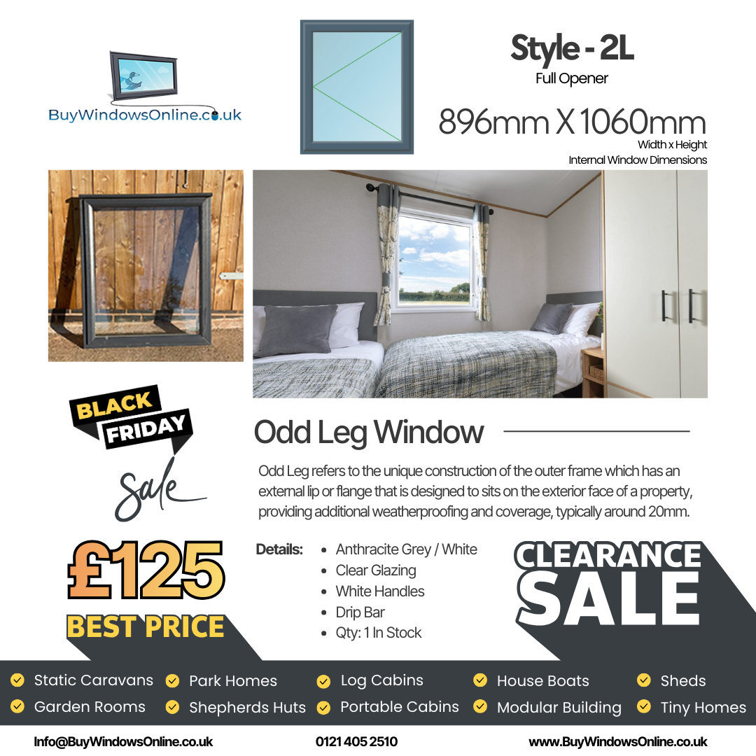 Anthracite Grey On White - Odd Leg Upvc Window - Style 2L - Full Opener - Clear - 896mm X 1060mm