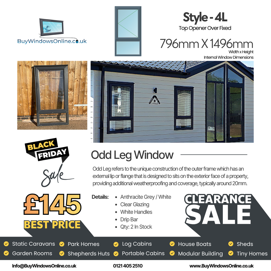 Anthracite Grey On White - Odd Leg Upvc Window - Style 4L - Top Opener Over Fixed - Clear - 796mm X 1496mm