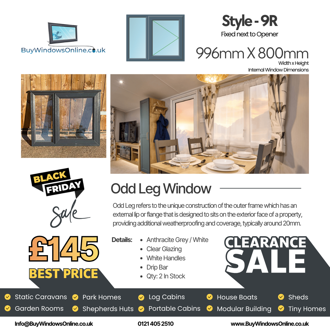 Anthracite Grey On White - Odd Leg Upvc Window - Style 9R - Fixed Next To Opener - Clear - 996mm X 800mm