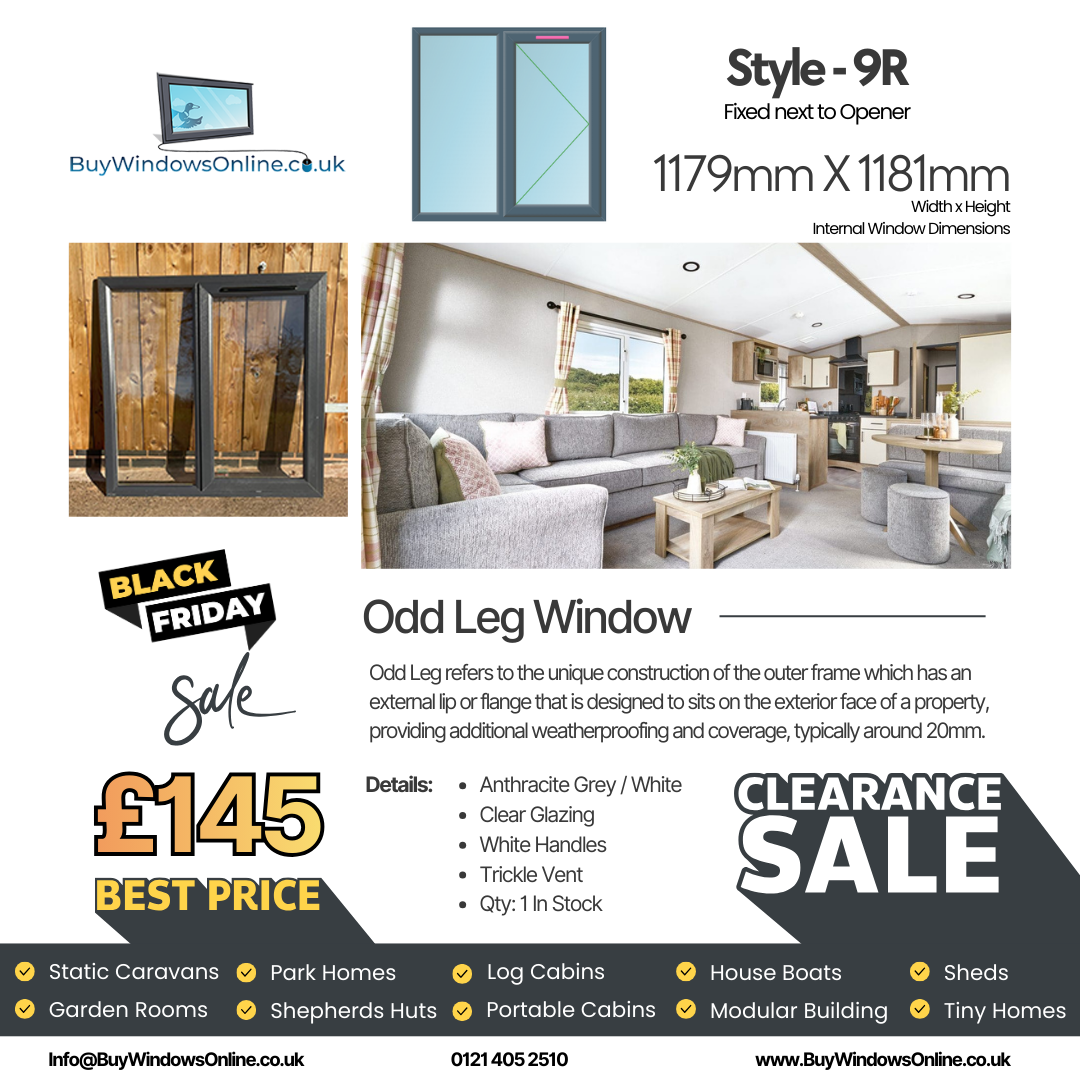 Anthracite Grey On White - Odd Leg Upvc Window - Style 9R - Fixed Next To Opener - Clear - 1179mm X 1181mm