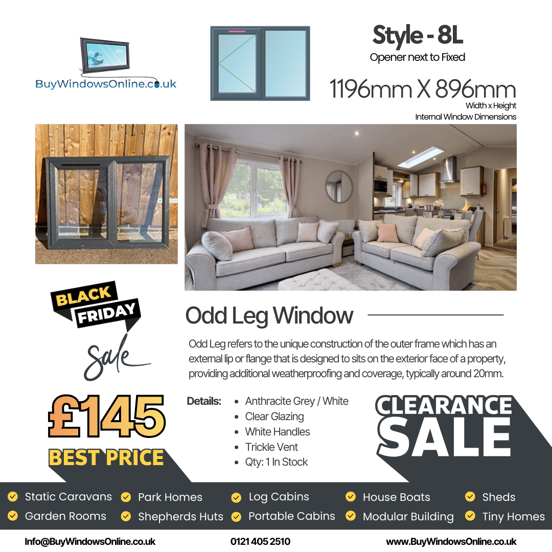 Anthracite Grey On White - Odd Leg Upvc Window - Style 8L - Opener Next To Fixed - Clear - 1196mm X 896mm