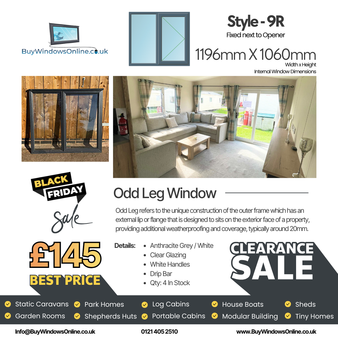 Anthracite Grey On White - Odd Leg Upvc Window - Style 9R - Fixed Next To Opener - Clear - 1196mm X 1060mm