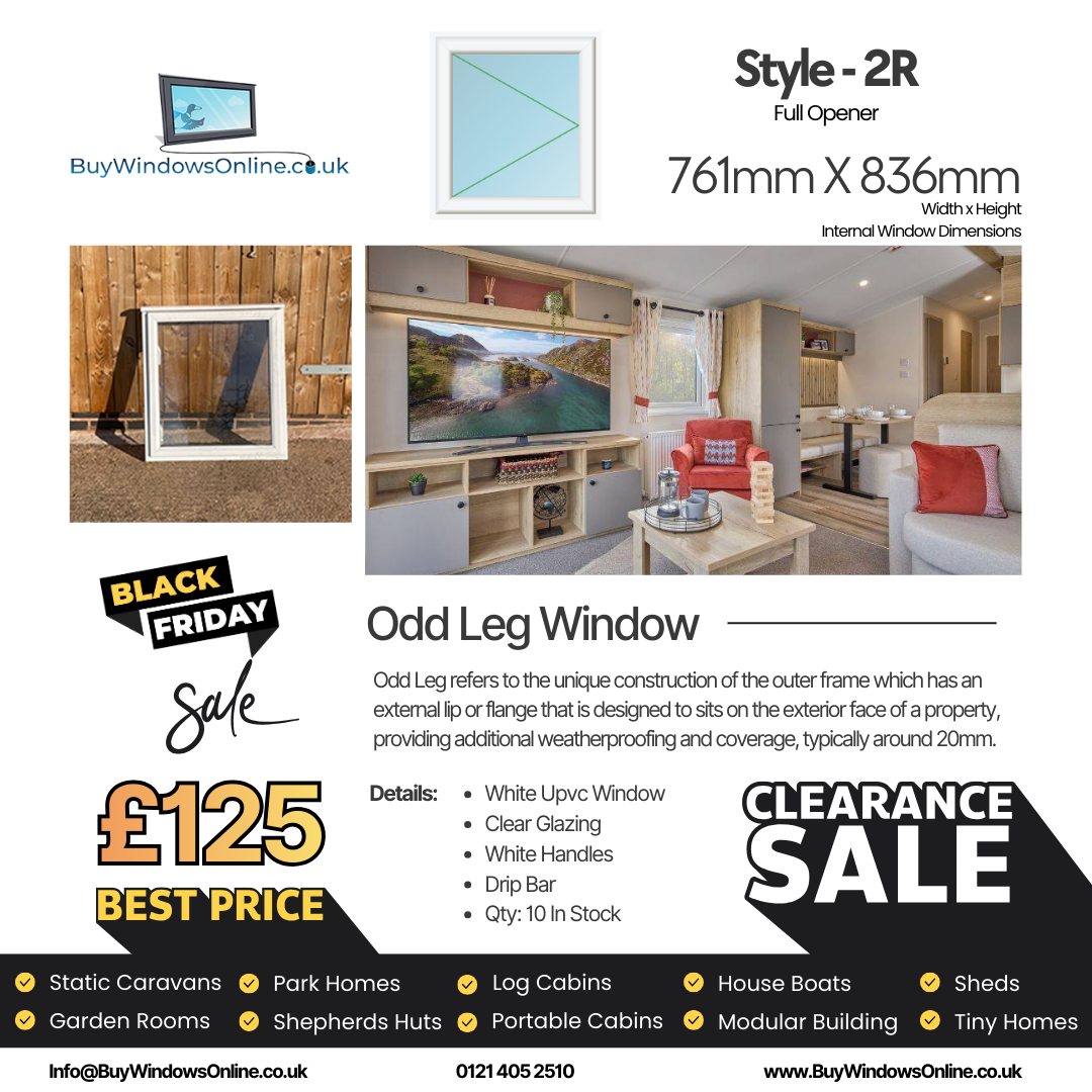 White Odd Leg Upvc Window - Style 2R - Full Opener - Clear - 761mm X 836mm