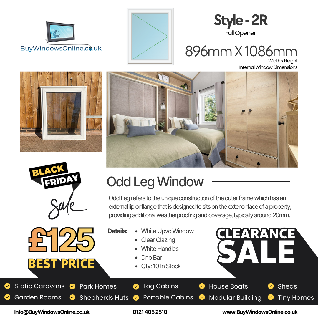 White Odd Leg Upvc Window - Style 2R - Full Opener - Clear - 896mm X 1086mm