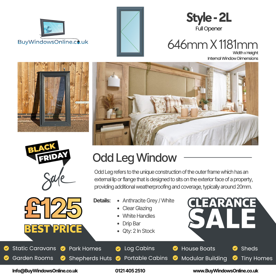 Anthracite Grey On White Odd Leg Upvc Window - Style 2L - Full Opener - Clear - 646mm X 1181mm