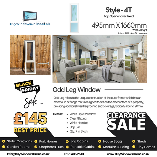 White Odd Leg Upvc Window - Style 4T - Top Opener Over Fixed - Clear - 495mm X 1660mm