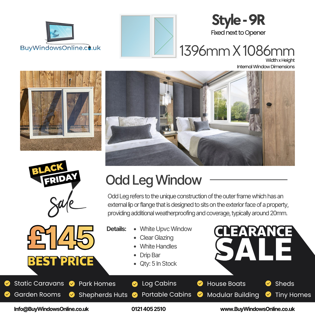 White Odd Leg Upvc Window - Style 9R - Fixed Next To Opener - Clear - 1396mm X 1086mm