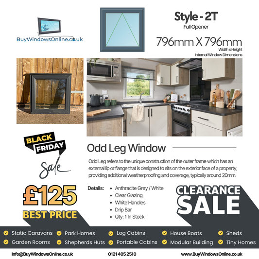 Anthracite Grey On White - Odd Leg Upvc Window - Style 2T - Full Opener - Clear - 796mm X 796mm