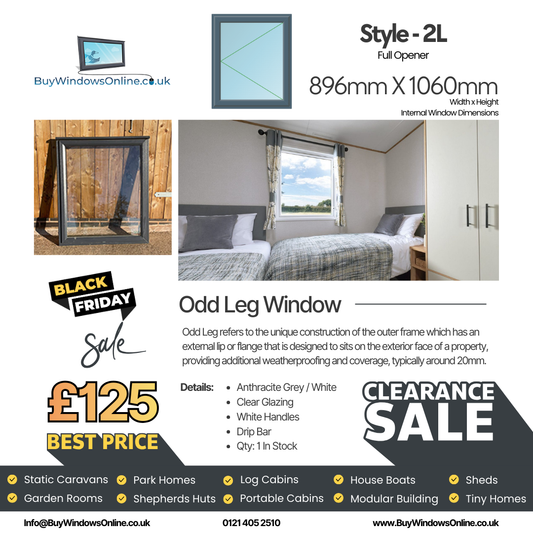 Anthracite Grey On White - Odd Leg Upvc Window - Style 2L - Full Opener - Clear - 896mm X 1060mm