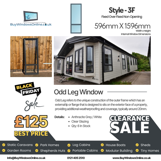 Anthracite Grey On White - Odd Leg Upvc Window - Style 3F - Fixed Over Fixed - Clear - 596mm X 1596mm