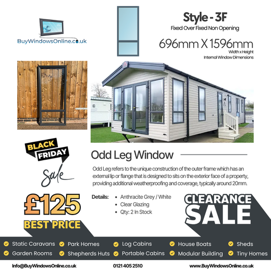 Anthracite Grey On White - Odd Leg Upvc Window - Style 3F - Fixed Over Fixed - Clear - 696mm X 1596mm