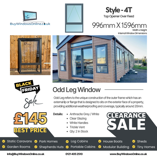 Anthracite Grey On White - Odd Leg Upvc Window - Style 4T - Top Opener Over Fixed - Clear - 996mm X 1596mm