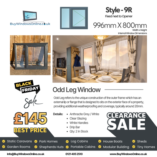 Anthracite Grey On White - Odd Leg Upvc Window - Style 9R - Fixed Next To Opener - Clear - 996mm X 800mm