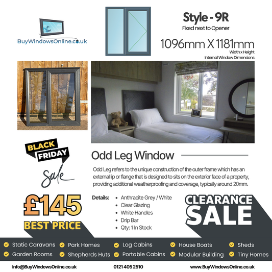 Anthracite Grey On White - Odd Leg Upvc Window - Style 9R - Fixed Next To Opener - Clear - 1096mm X 1181mm