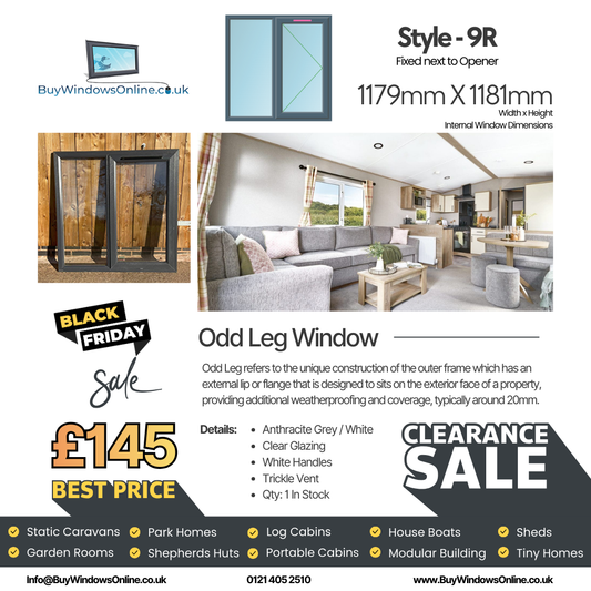 Anthracite Grey On White - Odd Leg Upvc Window - Style 9R - Fixed Next To Opener - Clear - 1179mm X 1181mm