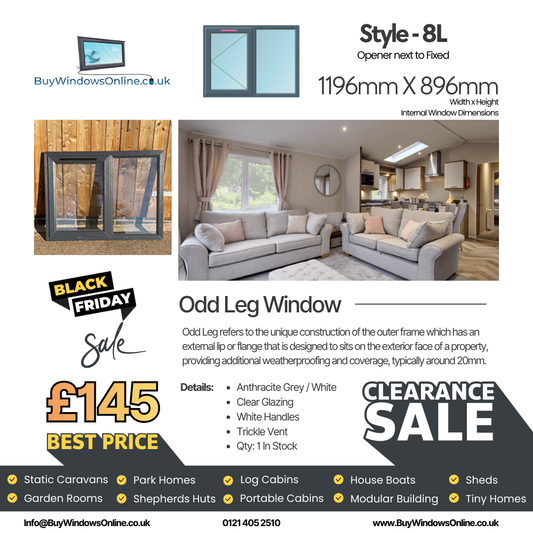 Anthracite Grey On White - Odd Leg Upvc Window - Style 8L - Opener Next To Fixed - Clear - 1196mm X 896mm