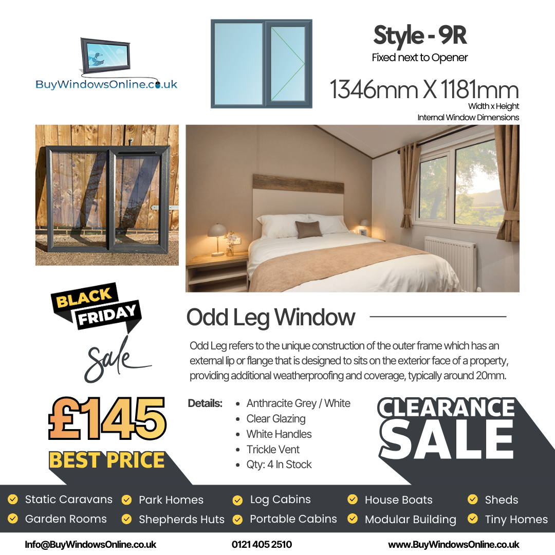 Anthracite Grey On White - Odd Leg Upvc Window - Style 9R - Fixed Next To Opener - Clear - 1346mm X 1181mm