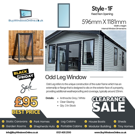 Anthracite Grey On White Odd Leg Upvc Window - Style 1F - Fixed - Clear - 596mm X 1181mm
