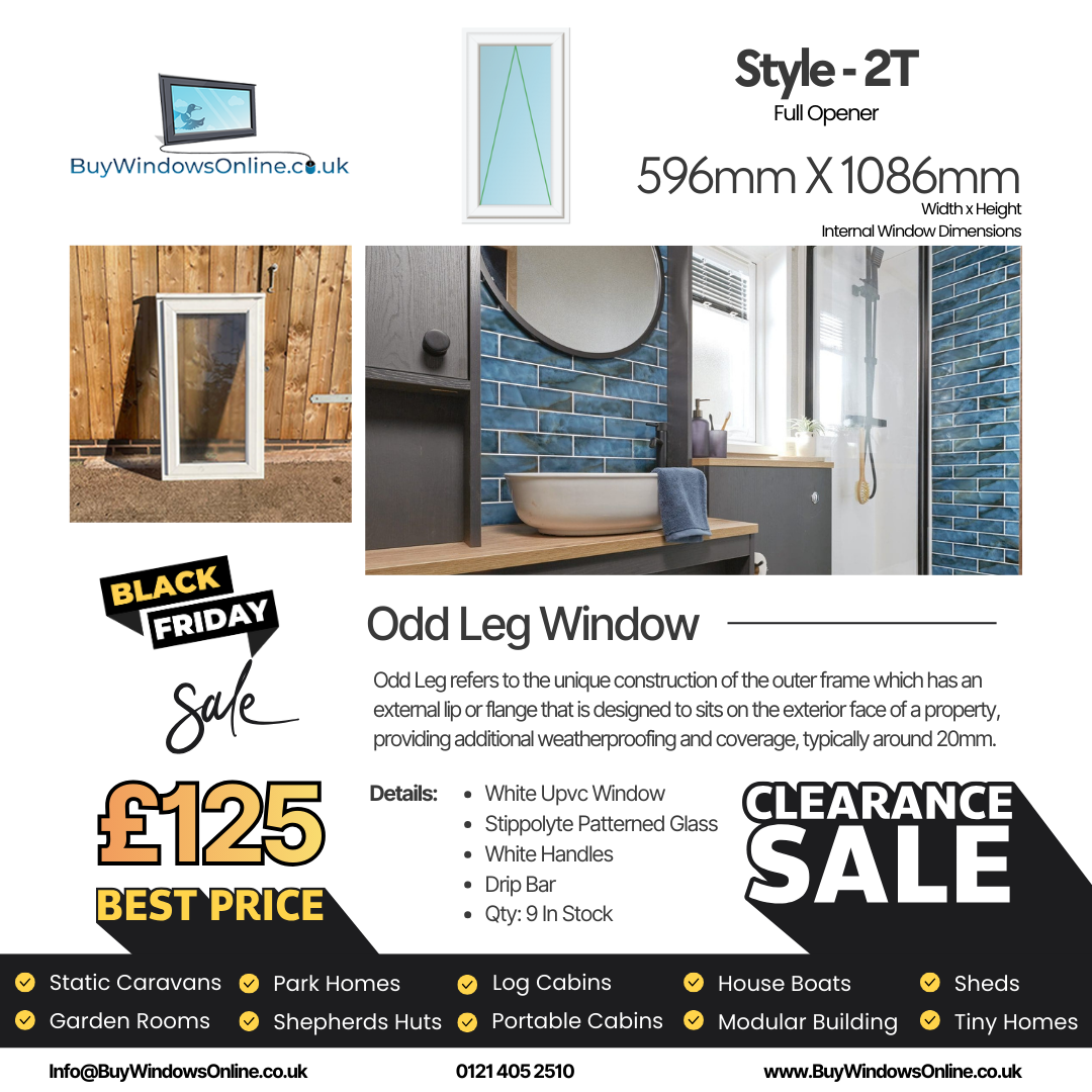 White Odd Leg Upvc Window - Style 2T - Full Opener - Stippolyte - 596mm X 1086mm