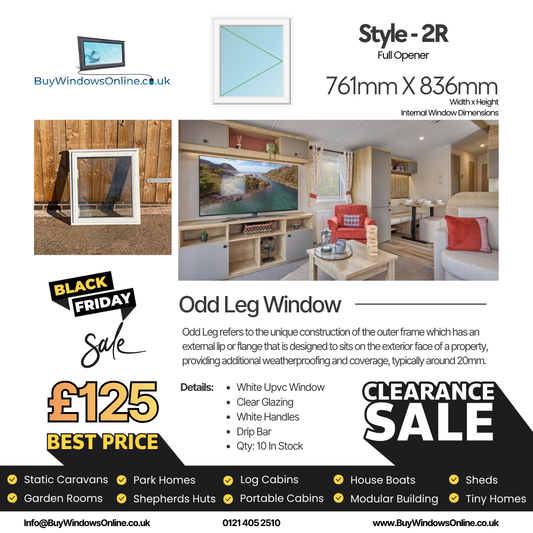 White Odd Leg Upvc Window - Style 2R - Full Opener - Clear - 761mm X 836mm