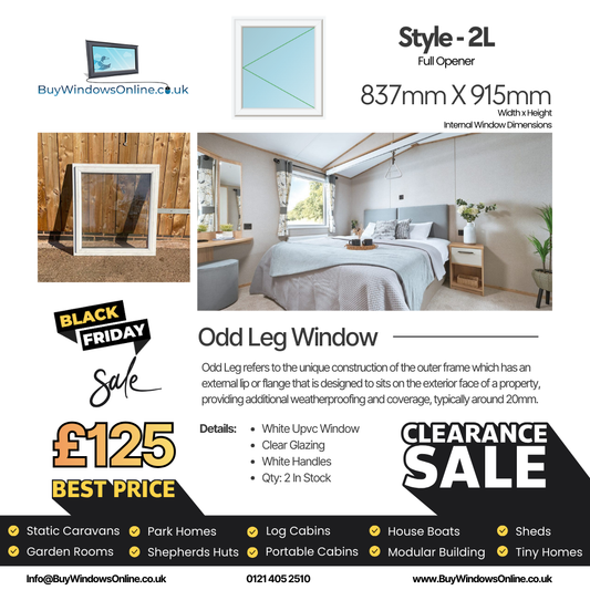 White Odd Leg Upvc Window - Style 2L - Full Opener - Clear - 837mm X 915mm