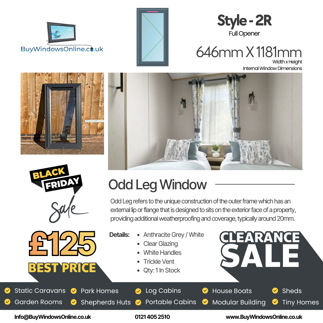 Anthracite Grey On White Odd Leg Upvc Window - Style 2R - Full Opener - Clear - TV - 646mm X 1181mm