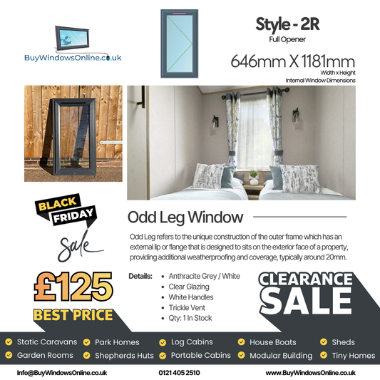 Anthracite Grey On White Odd Leg Upvc Window - Style 2R - Full Opener - Clear - TV - 646mm X 1181mm