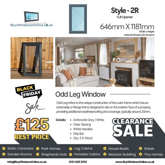 Anthracite Grey On White Odd Leg Upvc Window - Style 2R - Full Opener - Clear - WB - 646mm X 1181mm