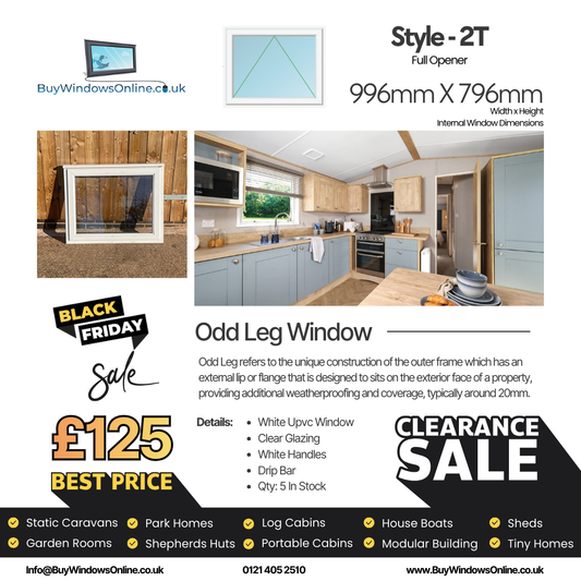 White Odd Leg Upvc Window - Style 2T - Full Opener - Clear - 966mm X 796mm