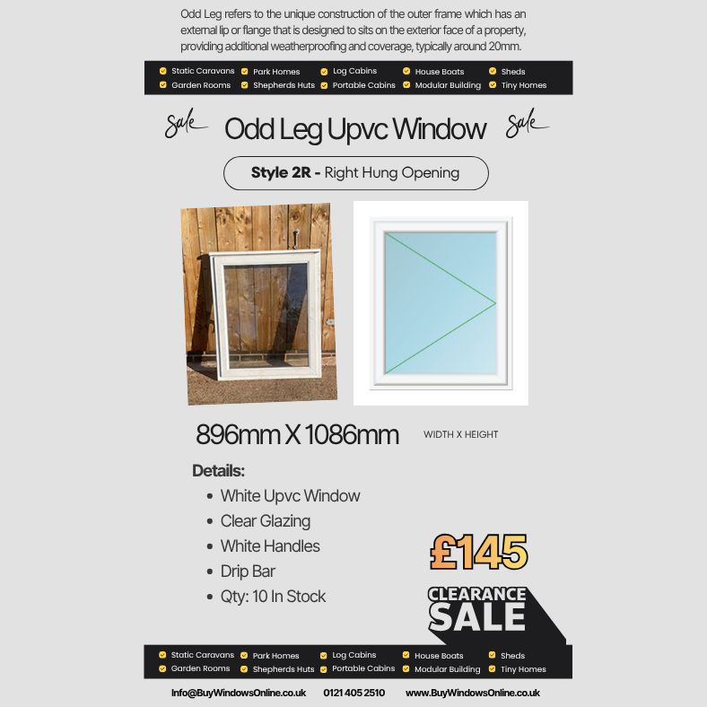 White Odd Leg Upvc Window - Style 2R – Right Hinge Opener – Clear - 896mm x 1086mm