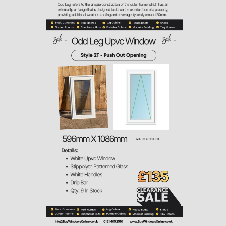 White Odd Leg Upvc Window - Style 2T – Push Out Opener – Stippolyte - 596mm x 1086mm